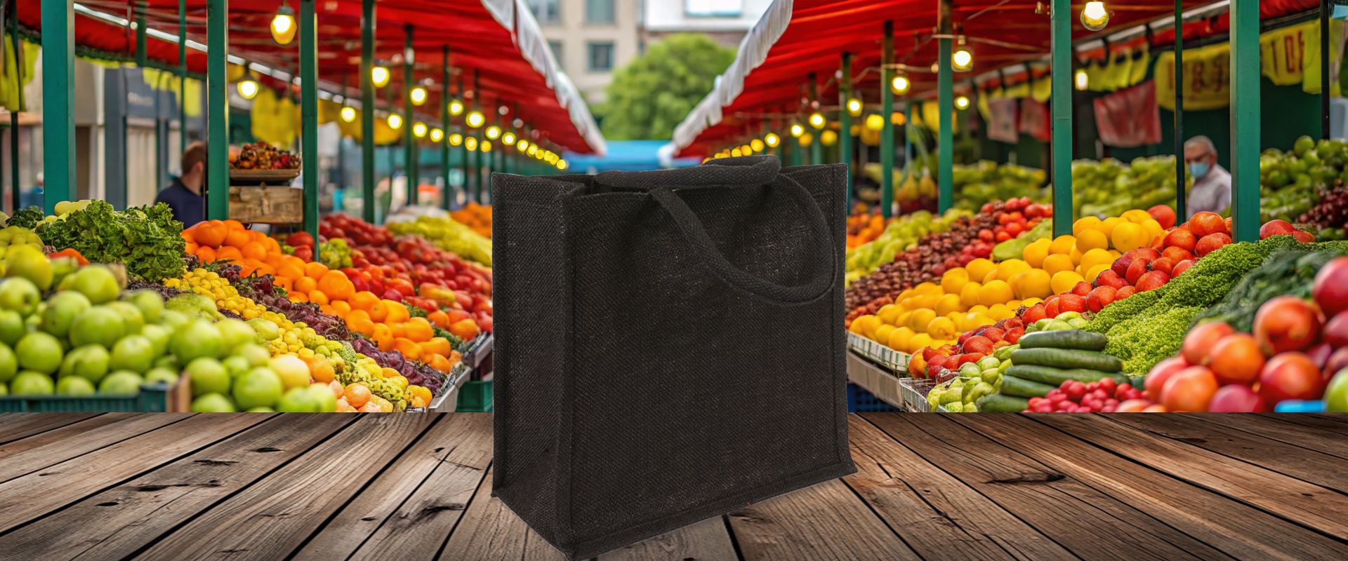 Kleine Jutetasche in Schwarz mit runden Griffen zum Bedrucken auf Holzboden im Markt