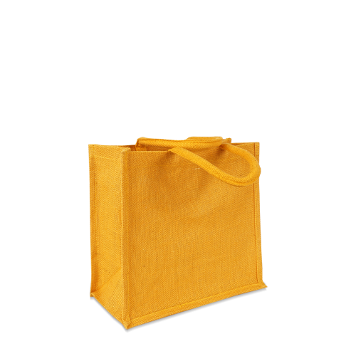 Jutetasche klein in Orange gefärbt mit kurzen Griffen zum Bedrucken als Werbetasche für Gewerbe