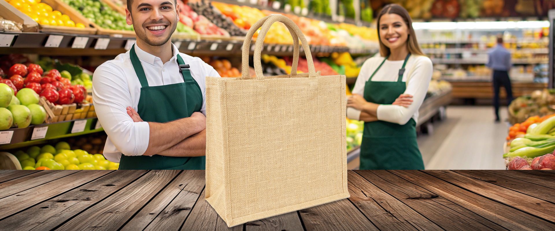 Kleine Tragetasche aus Jute mit kurzen Griffen zum Bedrucken auf Holz im Markt