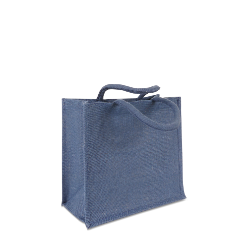 Blaue Werbetasche aus Jute mit kurzen Griffen zum Bedrucken in Perspektive