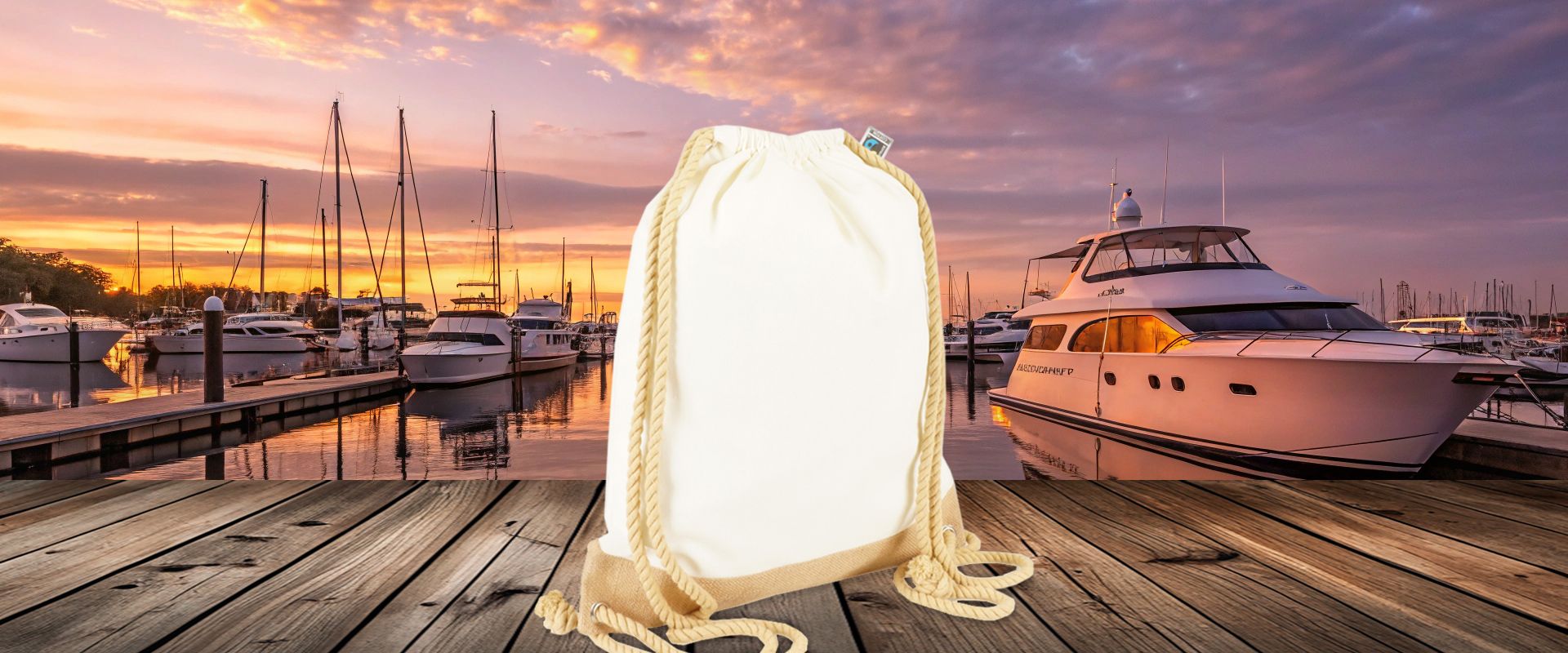 Fairtrade Canvas Turnbeutel mit Juteboden und langen Kordeln zum Bedrucken in Perspektive auf Holzboden