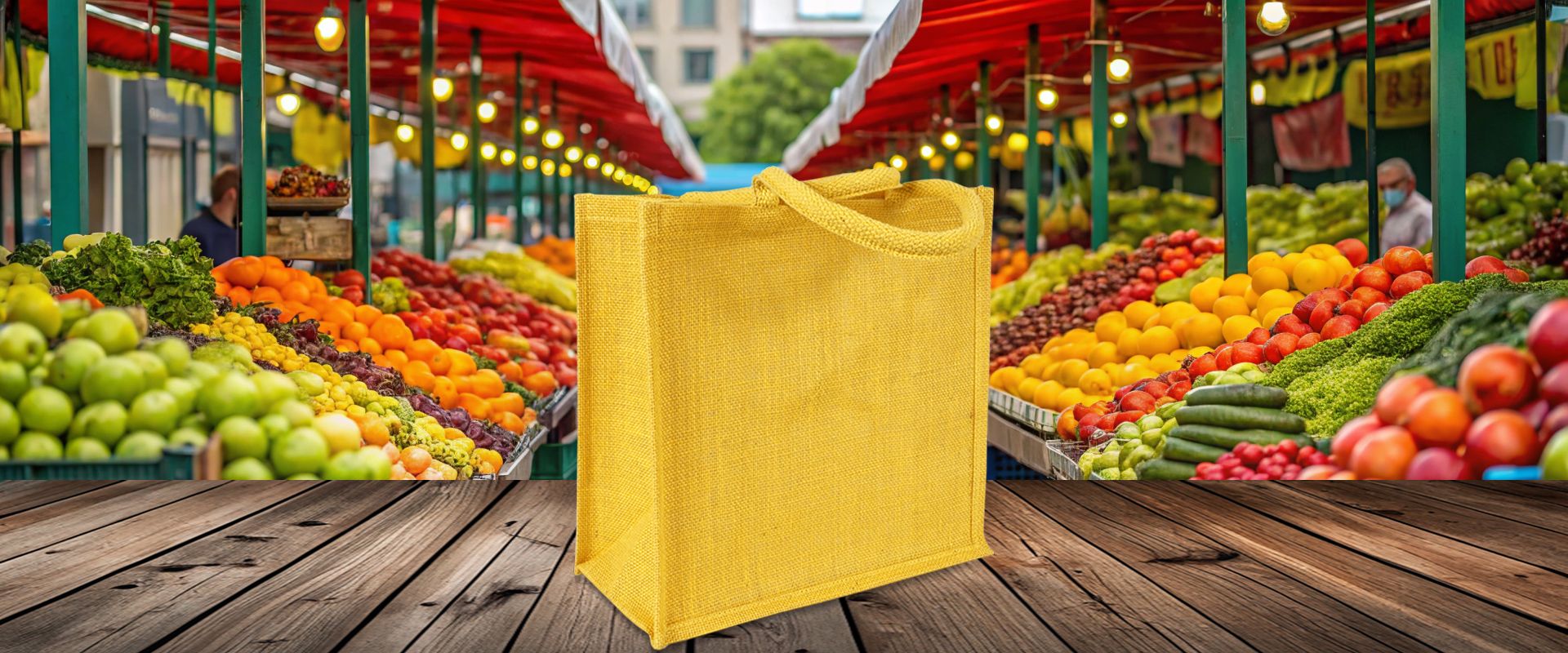 Kleine Einkaufstasche aus gelber Jute zum Bedrucken auf Holzboden im Markt