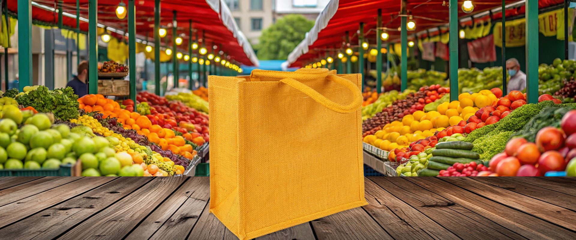 Jutetasche klein in Orange gefärbt mit kurzen Griffen zum Bedrucken als Werbetasche auf Holzboden