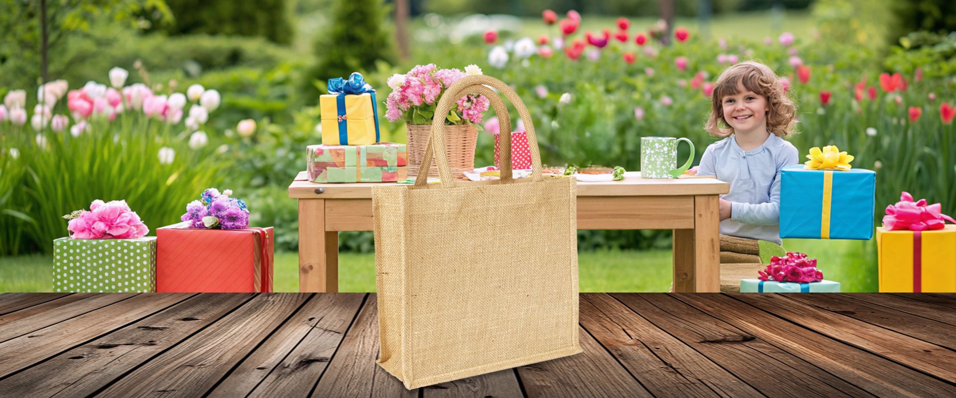 Kleine Jutetasche in Natur als kleines Täschchen zum Bedrucken als Werbetasche auf Holzboden