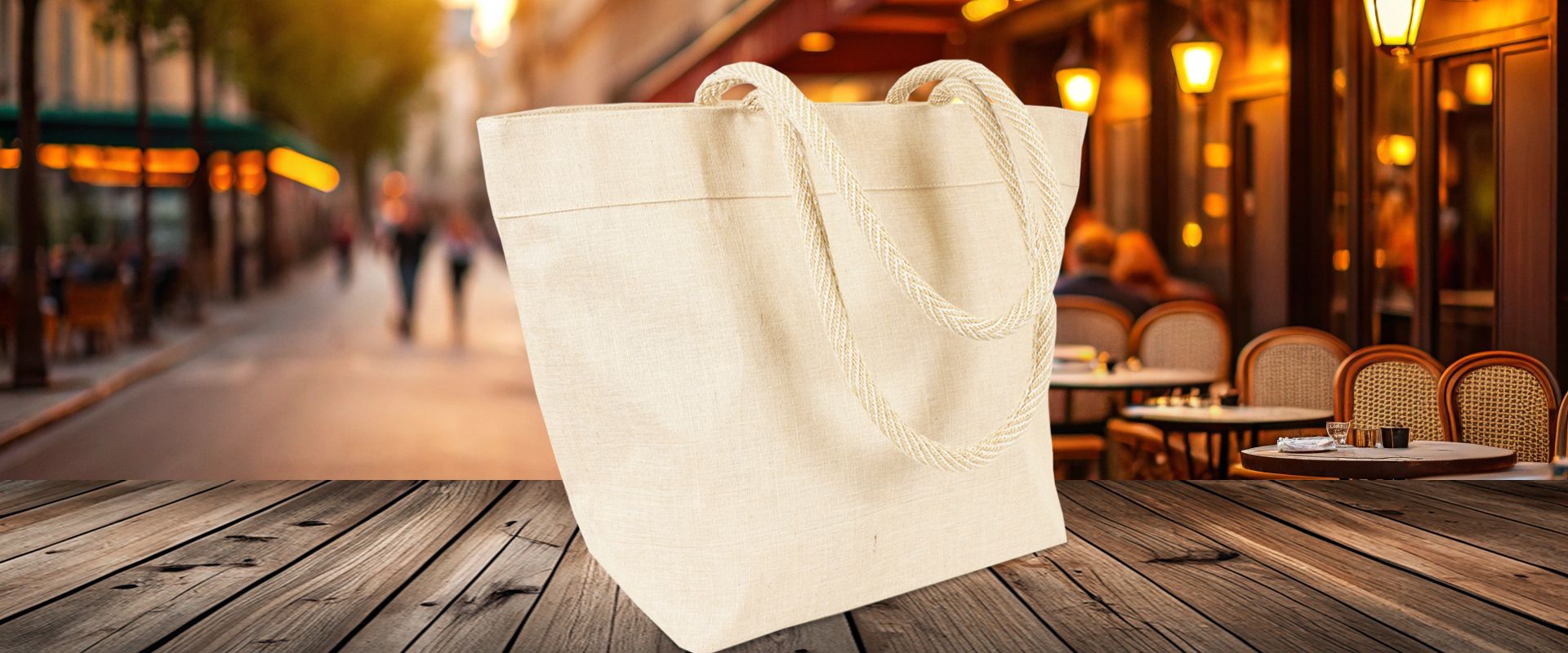 Große Jutetasche als öko Shopper mit Reißverschluss und Innentasche  zum Bedrucken auf Holzboden