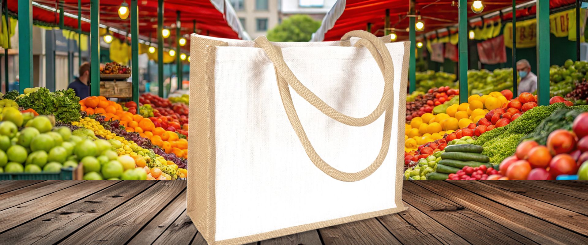 Einkaufstasche aus Jute mit weißen Fronten zum Bedrucken auf Holzboden im Markt