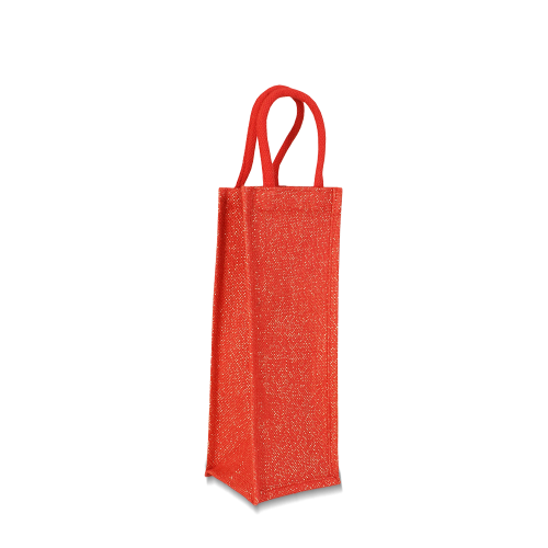 Flaschentasche aus roter Jute mit Kordelgriffen für Werbedruck in Perspektive