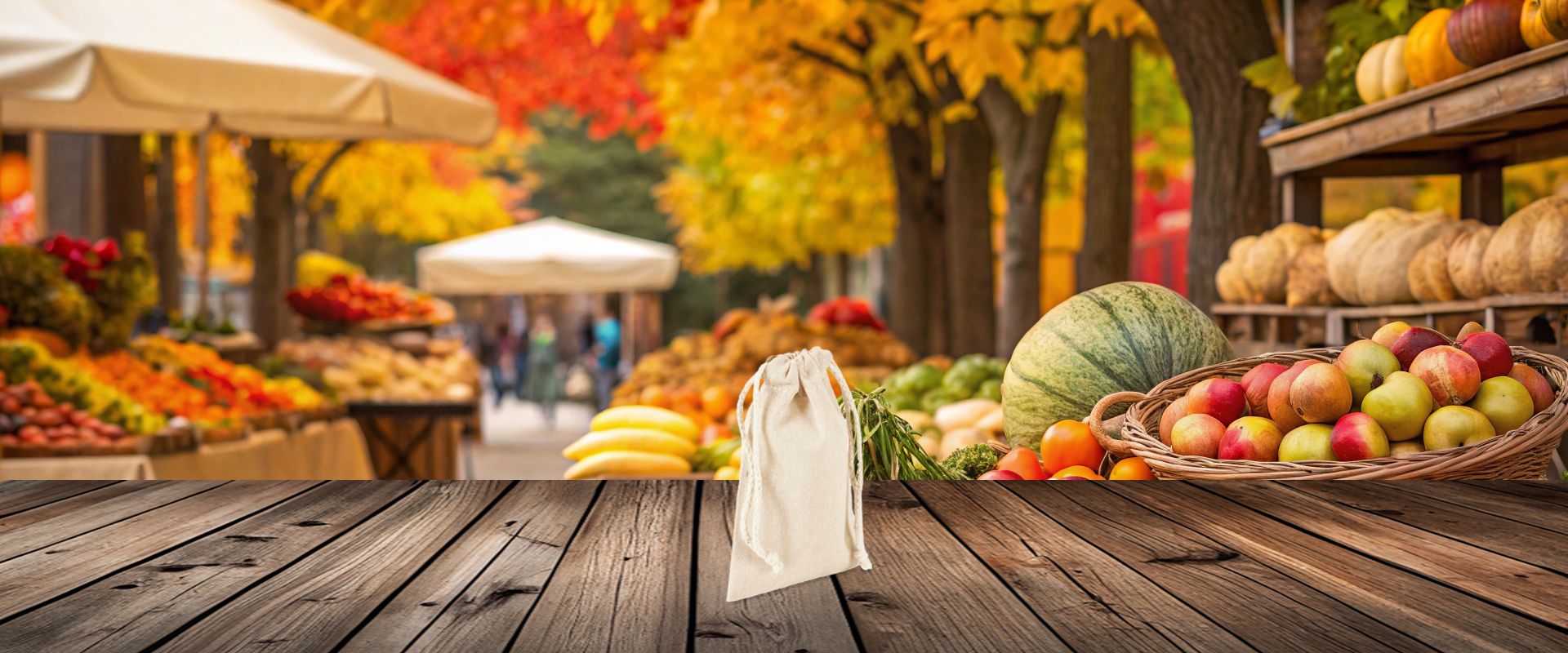 Extra kleines Säckchen aus Baumwolle mit Kordeln auf Holzboden vor Herbstmarkt