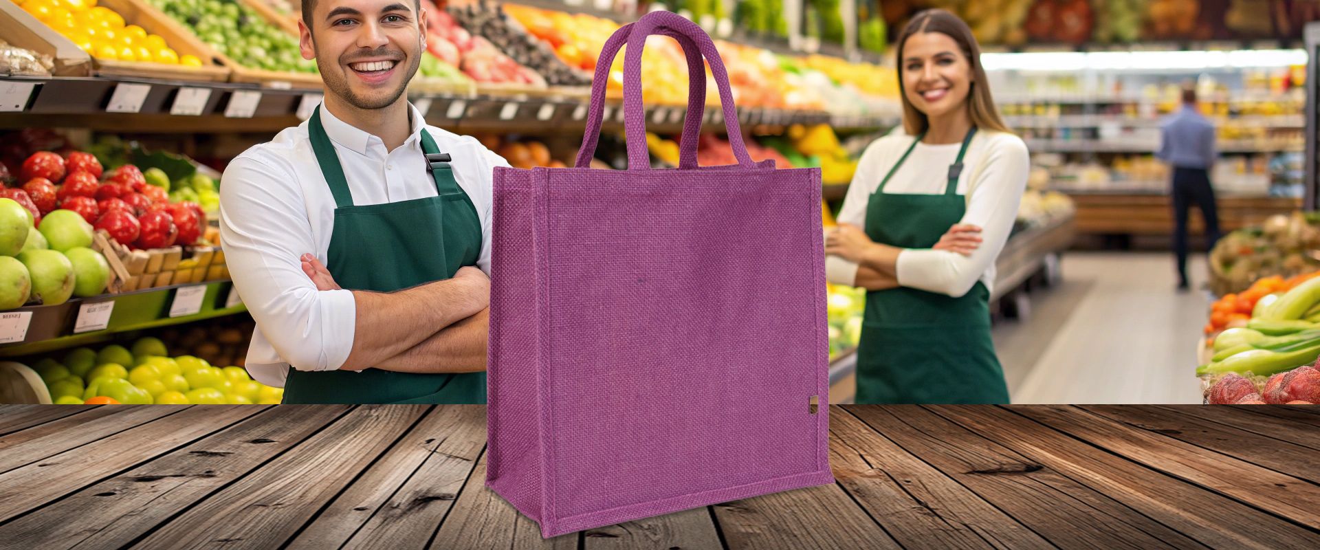 Kleine Einkaufstasche aus lila gefärbter Jute zum Bedrucken auf Holzboden im Markt