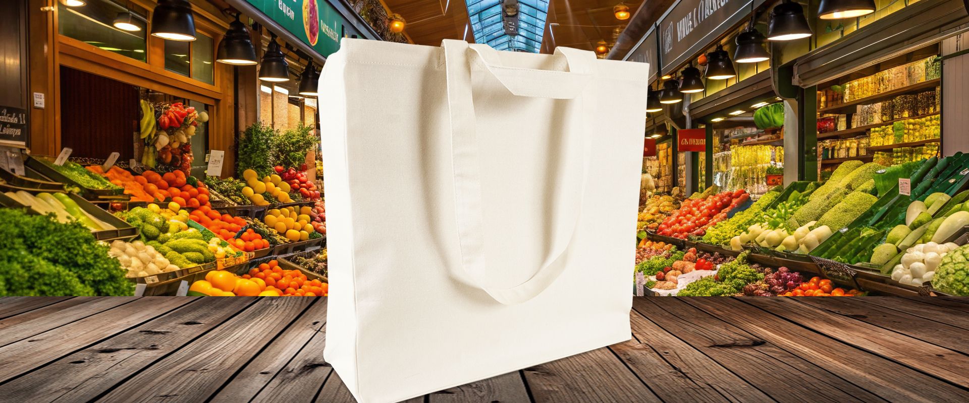 Großer Fairtrade Shopper mit langen Griffen zum Bedrucken vor Gemüsestand