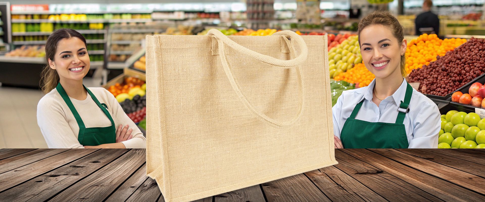 Jutetasche und  große Einkaufstasche in Natur zum Bedrucken auf Holzboden im Laden