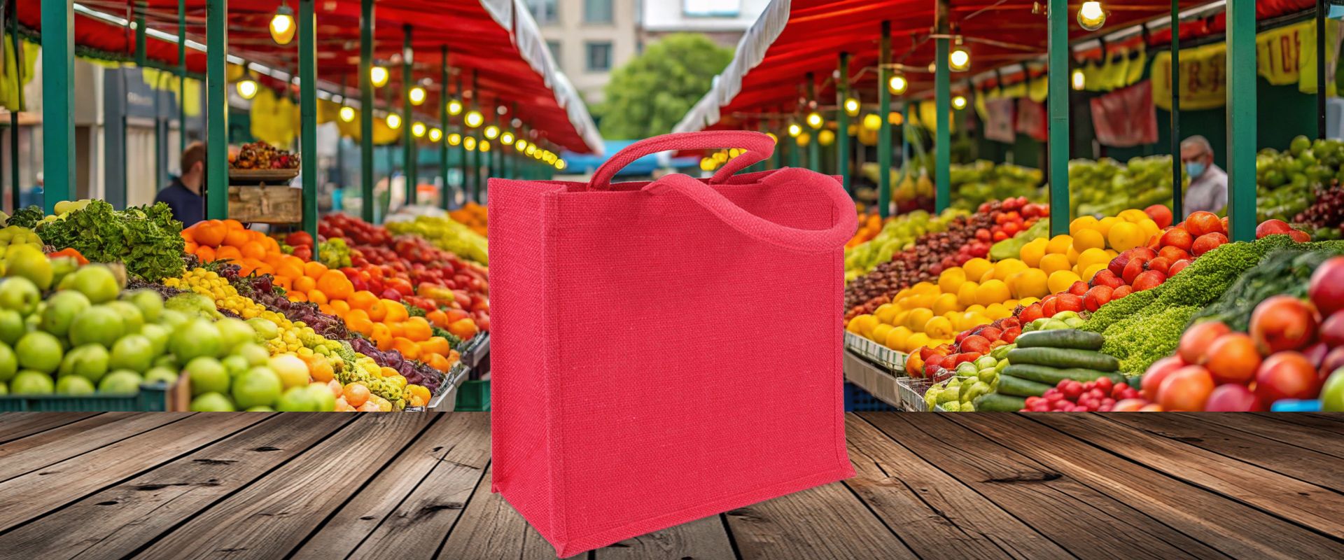 Pinke Jutetasche mit runden Griffen für Werbedruck auf Holzboden im Markt