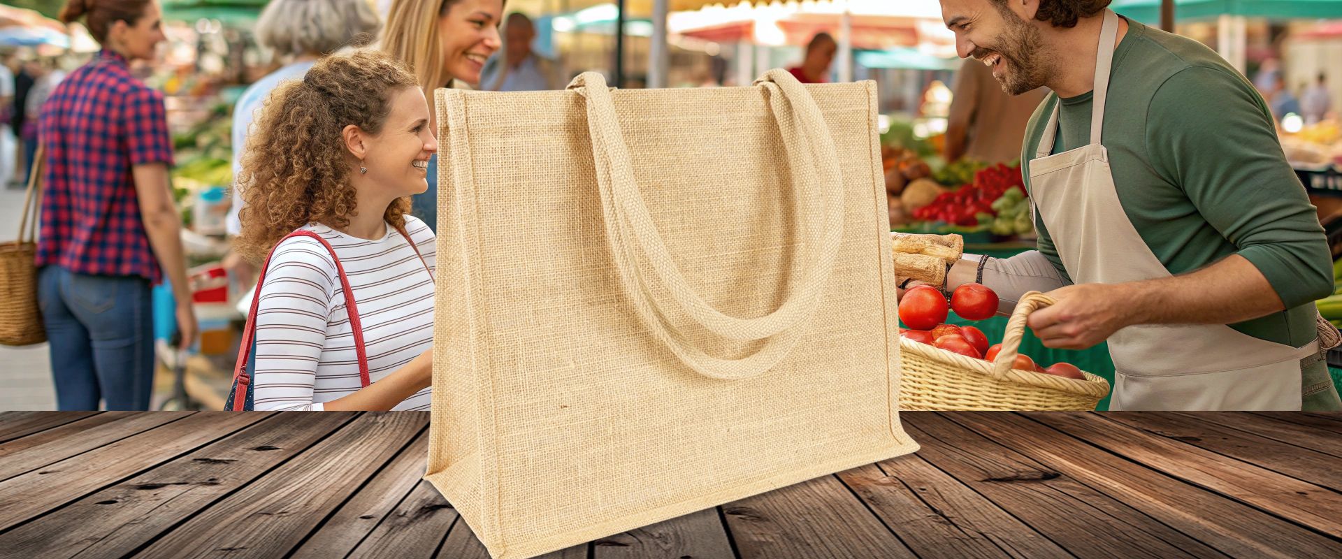 Jutetasche und Shopper in Natur zum Bedrucken auf Holzboden vor Wochenmarkt