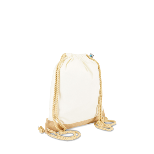 Fairtrade Canvas Turnbeutel mit Juteboden und langen Kordeln zum Bedrucken in Perspektive
