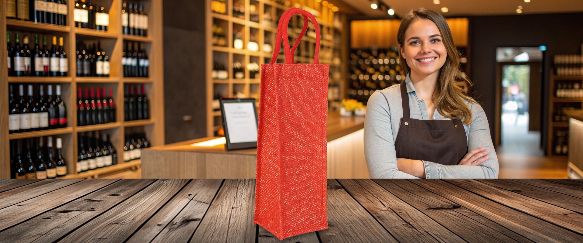 Flaschentasche aus roter Jute mit Kordelgriffen zum Bedrucken auf Holzboden