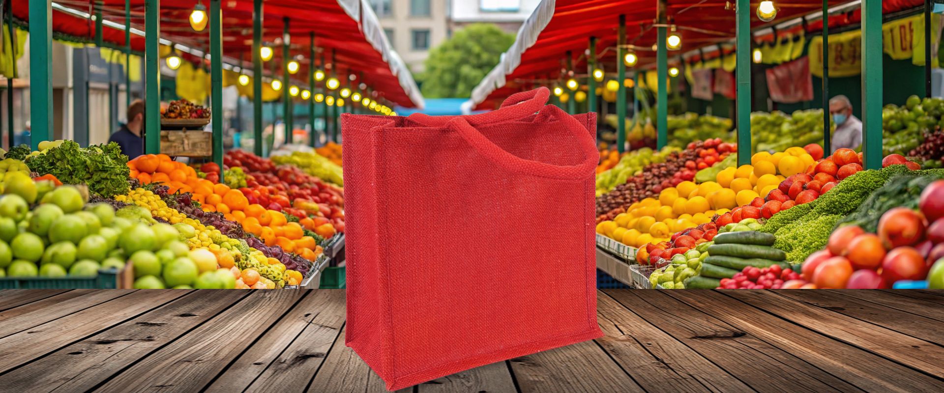 Kleine Jutetasche  in Rot gefärbt mit kurzen Griffen zum Bedrucken als Werbetasche auf Holzboden