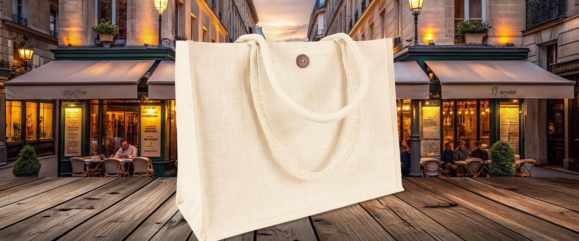 Große Jutetasche aus Jute und Baumwolle in Natur zum Bedrucken als Werbetasche auf Holzboden