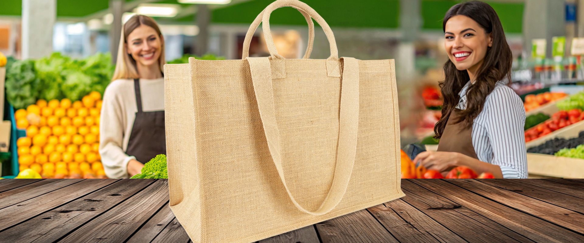 Jutetasche Natur als große Einkaufstasche zum Bedrucken als Werbetasche auf Holzboden