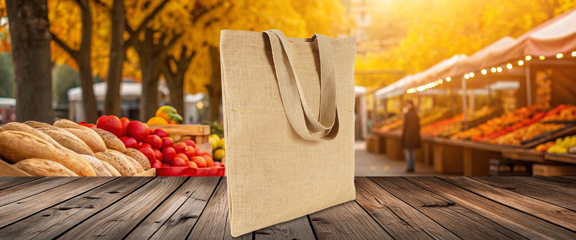 Jutebeutel in Natur  zum Bedrucken mit Werbedruck auf Holzboden vor Herbstmarkt