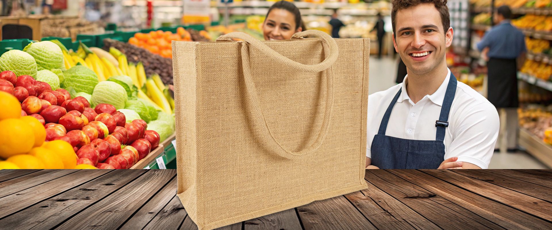 Einkaufstasche aus Jute mit langen Griffen zum Bedrucken auf Holz im Supermarkt