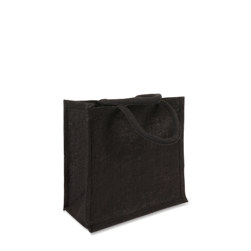 Kleine Jutetasche in Schwarz mit kurzen Griffen zum Bedrucken in Perspektive