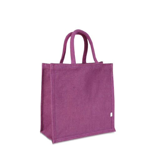 Kleine lila Tasche aus Jute mit kurzen Griffen zum Bedrucken als Werbetasche