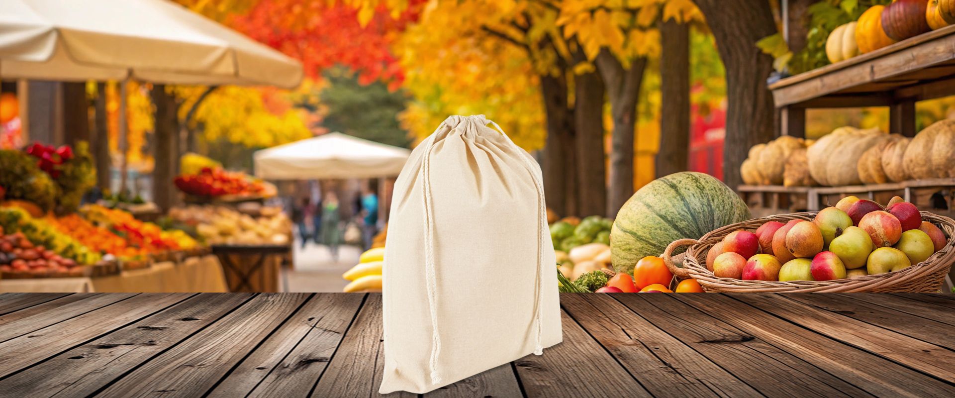 Großes Säckchen aus Natur Baumwolle mit Kordeln zum Bedrucken auf Herbstmarkt