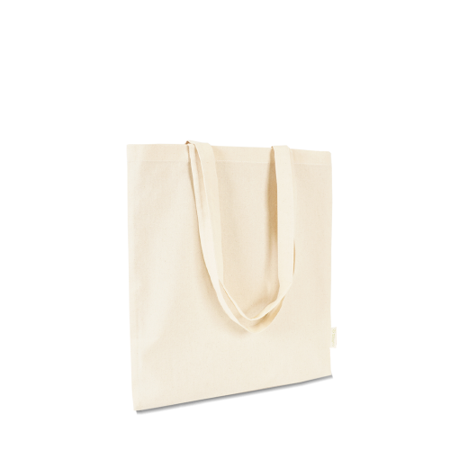 Recycling Baumwolltasche mit langen Griffen in Natur Beige zum Bedrucken in Perspektive