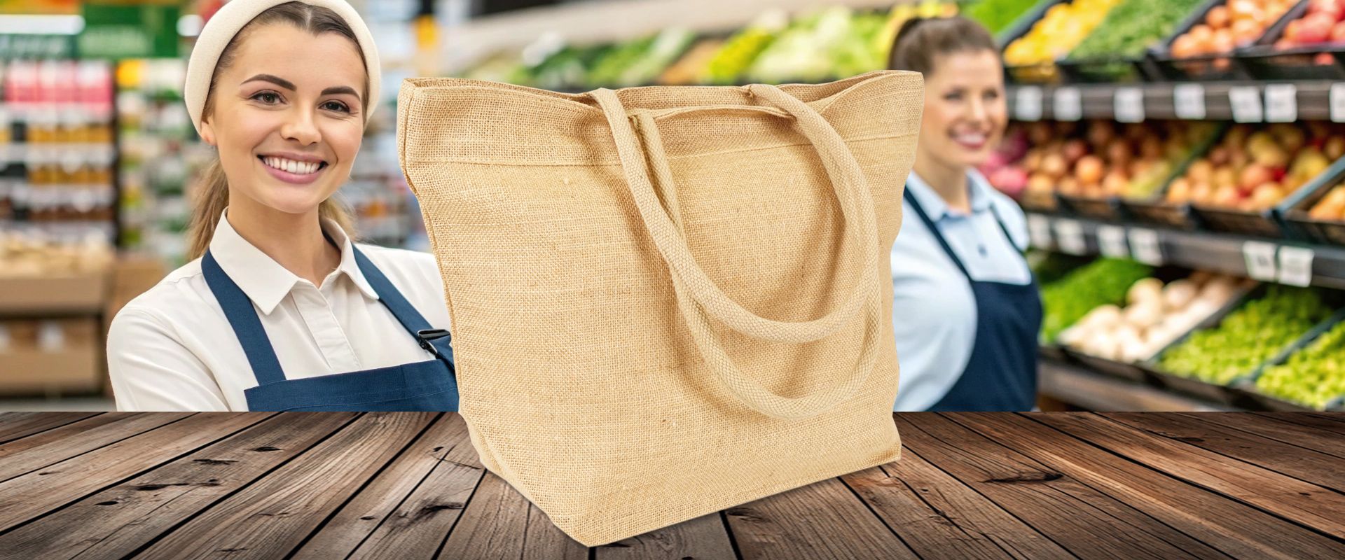 Schöne Jutetasche  mit langen Griffen auf Holzboden im Geschäft zum Bedrucken