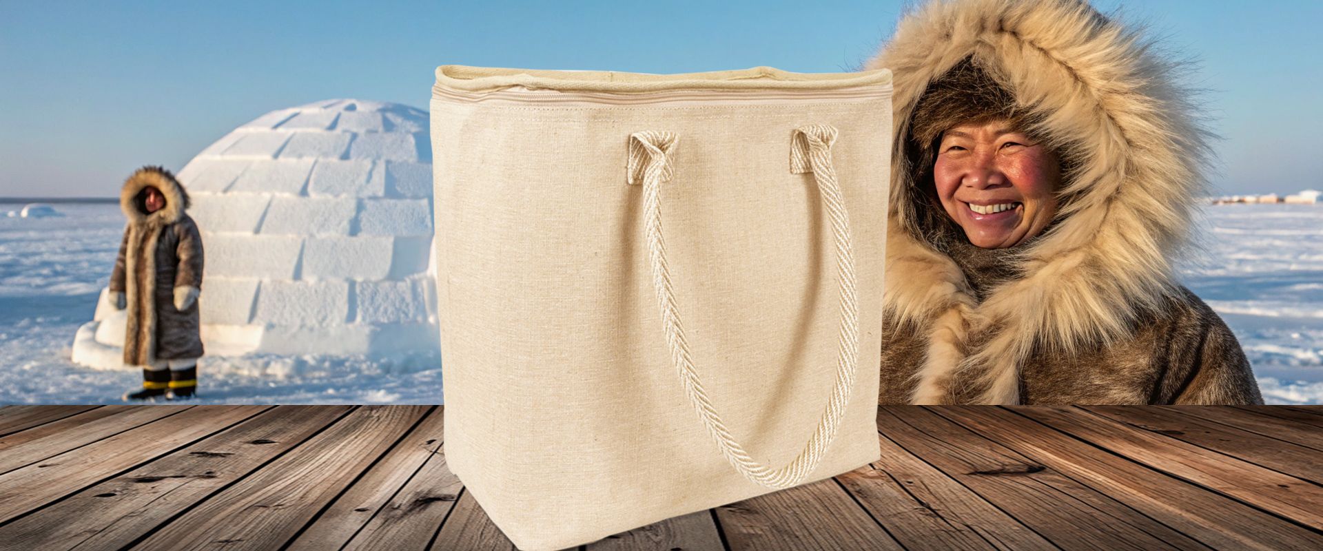Kühltasche aus Jute und Baumwolle in öko Natur zum Bedrucken als Werbetasche auf Holz