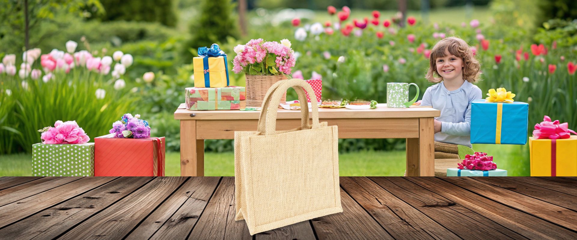 Kleines Jutetäschchen in Natur als Geschenktäschchen zum Bedrucken als Werbetasche auf Holz