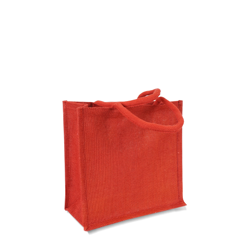 Jutetasche klein in Rot gefärbt mit kurzen Griffen zum Bedrucken als Werbetasche und Tragetasche