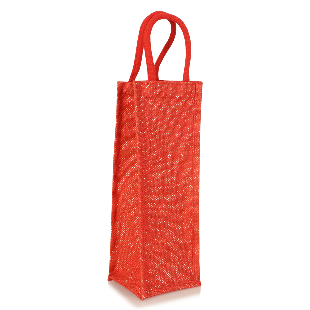 Flaschentasche aus roter Jute mit Kordeln zum Bedrucken als Werbetasche