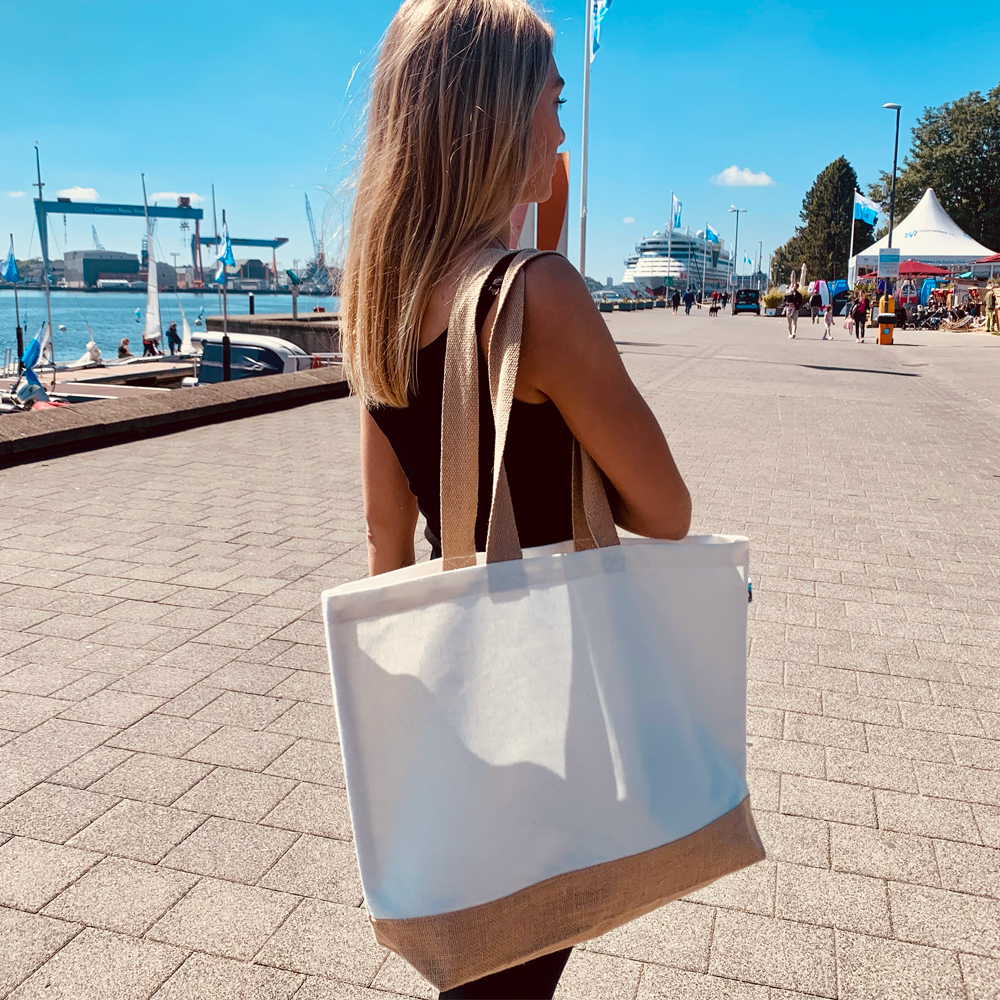 Fairtrade Strandtasche & Beachbag zum Bedrucken mit Juteboden