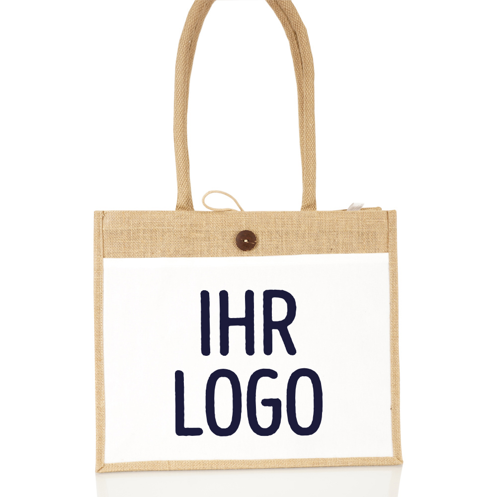 Jutetasche in Mittelgross mit weißer Canvas-Fronttasche für Werbedruck