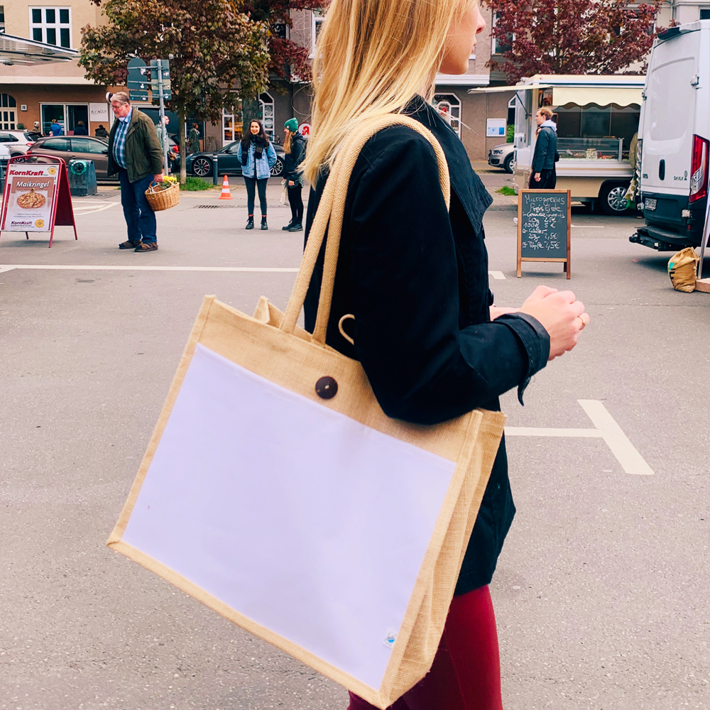 Jutetasche in Mittelgross mit weißer Canvas-Fronttasche für Werbedruck