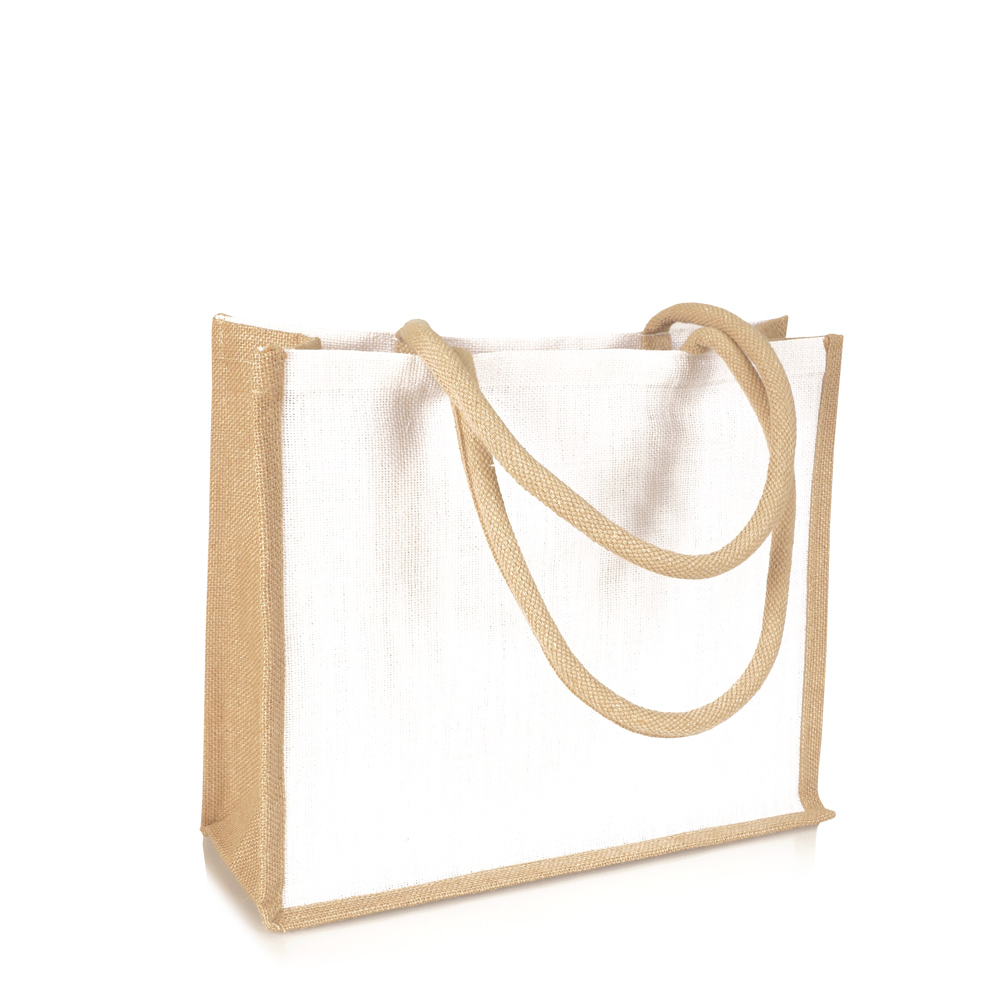 Jutetasche mit langen, weichen Griffen und weißen Fronten zum Bedrucken