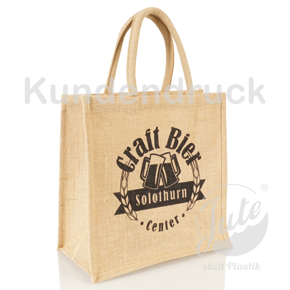 Jutetasche in Klein mit kurzen Griffen zum Bedrucken mit Werbedruck