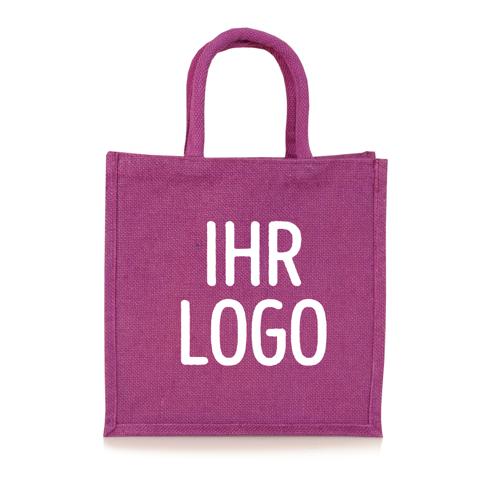 Kleine Jutetasche gefärbt in Lila zum Bedrucken mit kurzen Griffen
