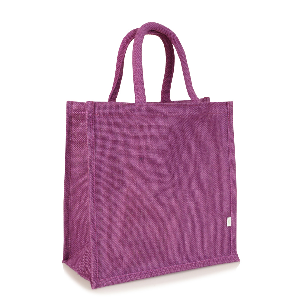 Kleine Jutetasche gefärbt in Lila zum Bedrucken mit kurzen Griffen