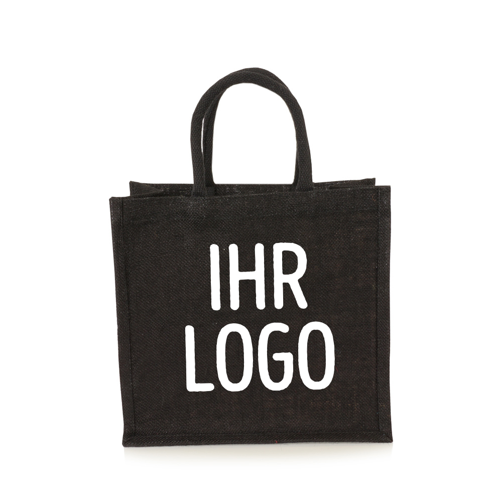 Kleine Jutetasche in Schwarz mit kurzen Griffen zum Bedrucken mit Werbung