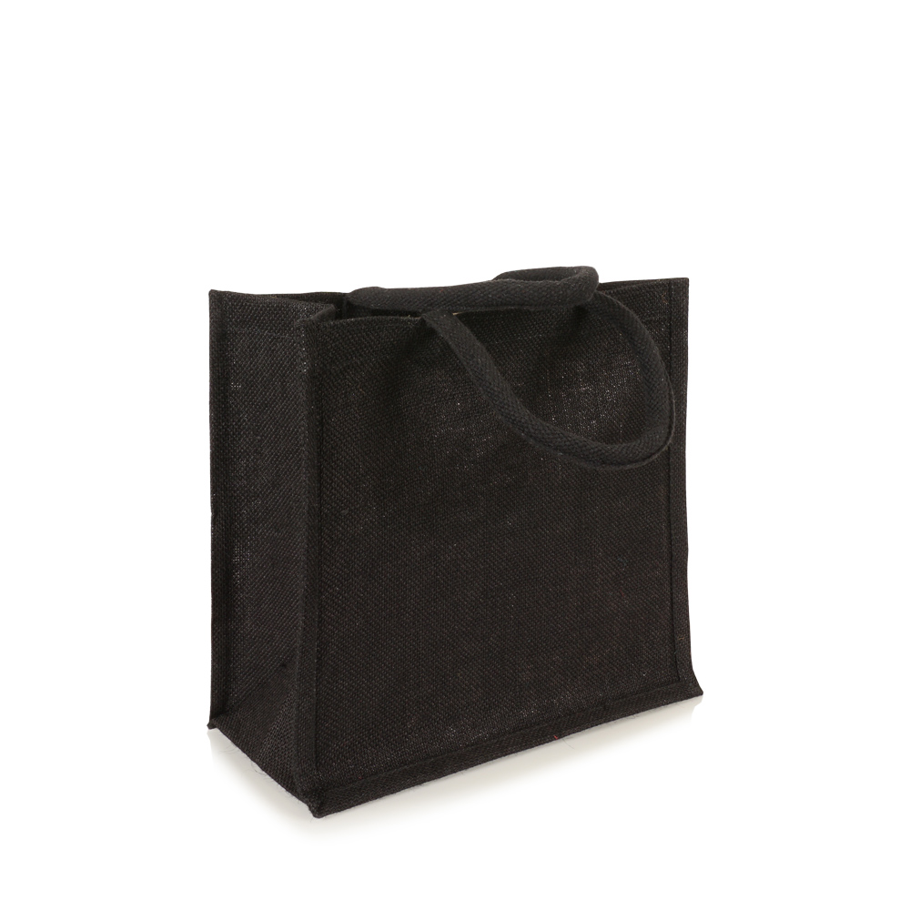 Kleine Jutetasche in Schwarz mit kurzen Griffen zum Bedrucken mit Werbung