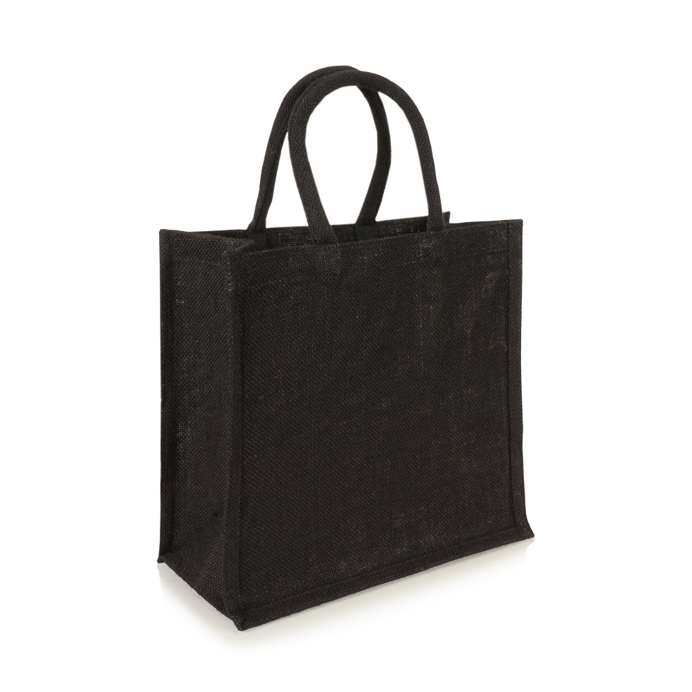 Kleine Jutetasche in Schwarz mit kurzen Griffen zum Bedrucken mit Werbung