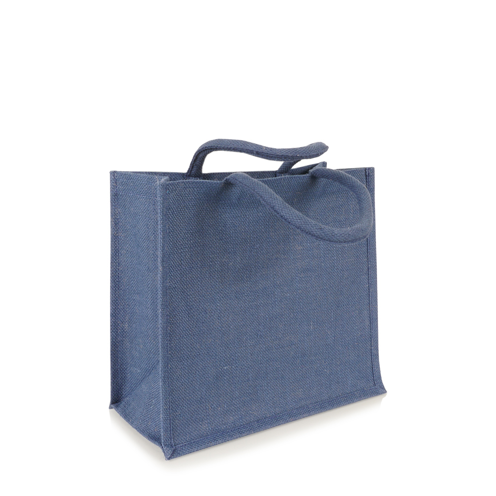 Dunkelblaue Jutetasche mit runden Griffen zum Bedrucken als Werbetasche