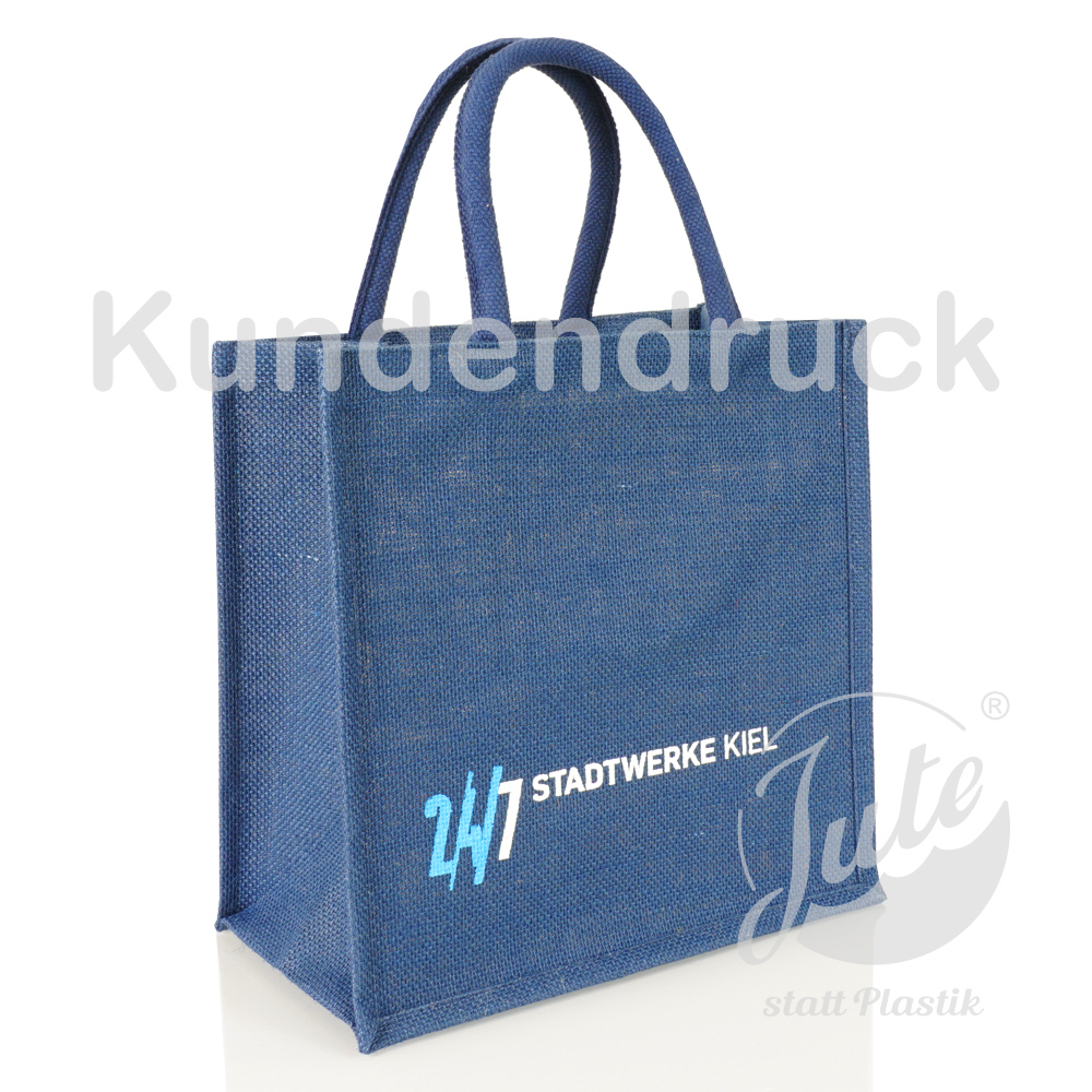 Dunkelblaue Jutetasche mit runden Griffen zum Bedrucken als Werbetasche