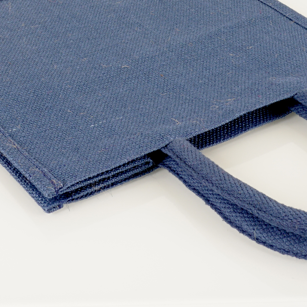 Dunkelblaue Jutetasche mit runden Griffen zum Bedrucken als Werbetasche