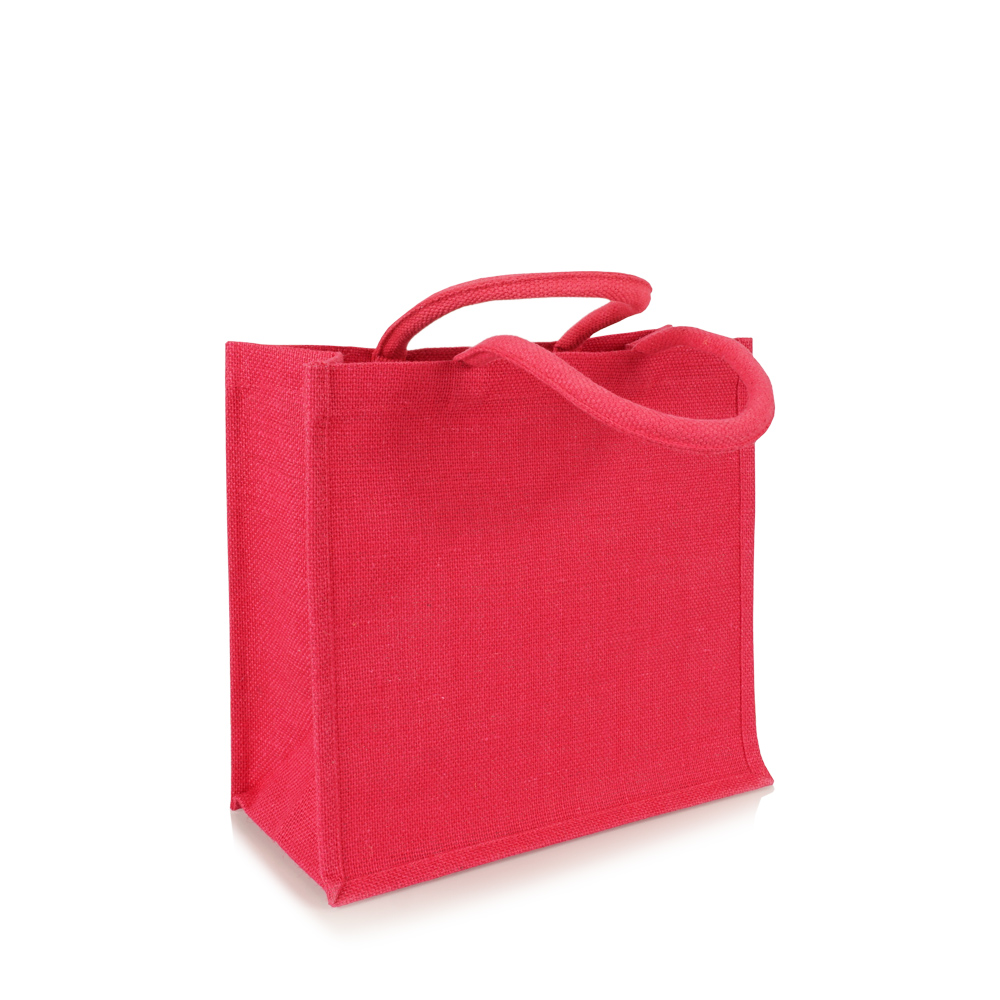 Kleine Jutetasche für Werbedruck in Pink gefärbt mit weichen Griffen