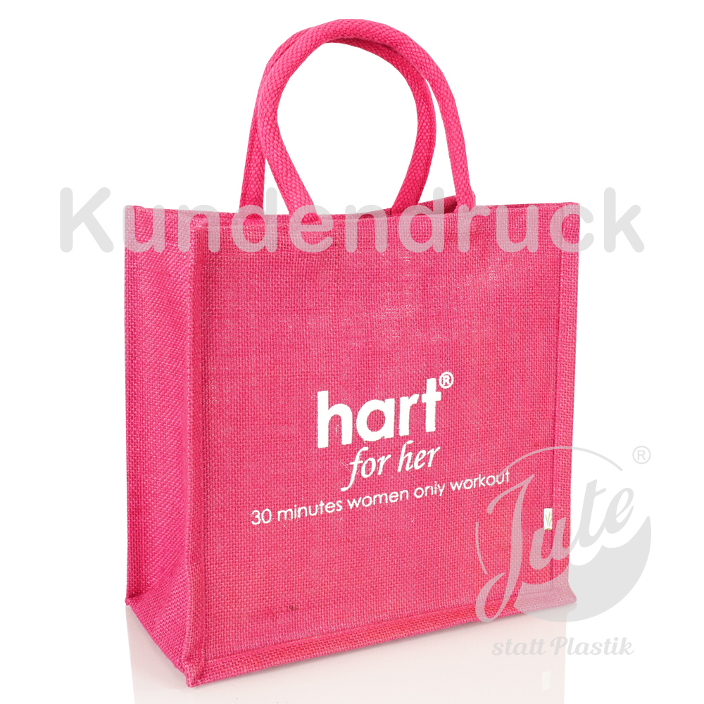 Kleine Jutetasche für Werbedruck in Pink gefärbt mit weichen Griffen