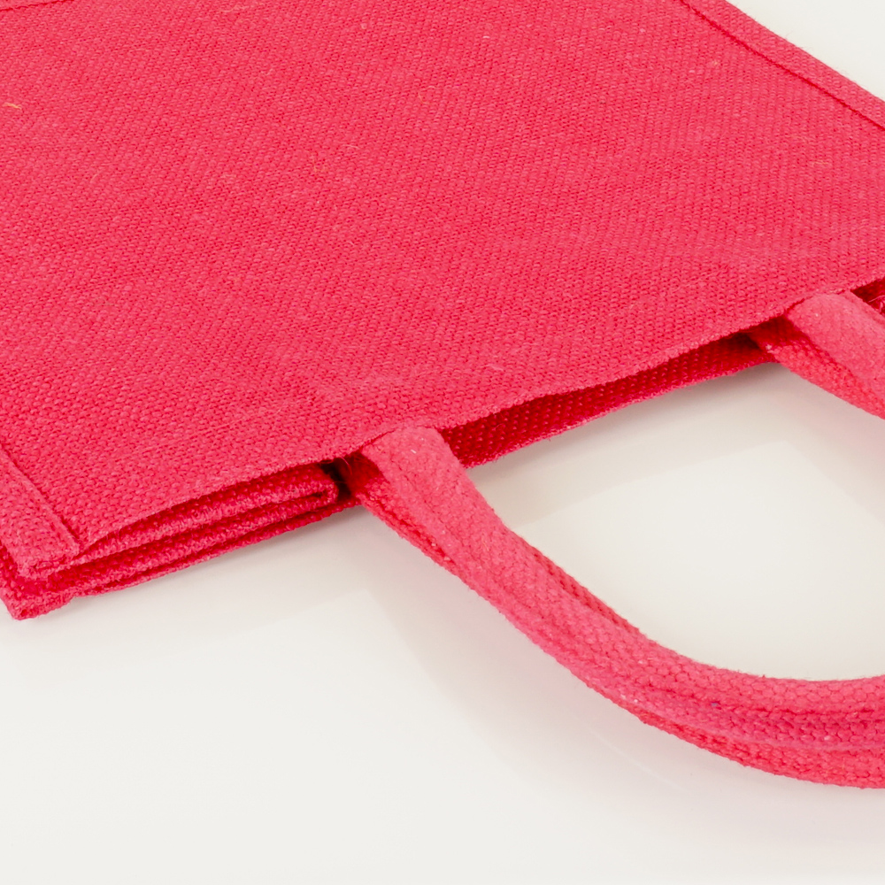 Kleine Jutetasche für Werbedruck in Pink gefärbt mit weichen Griffen