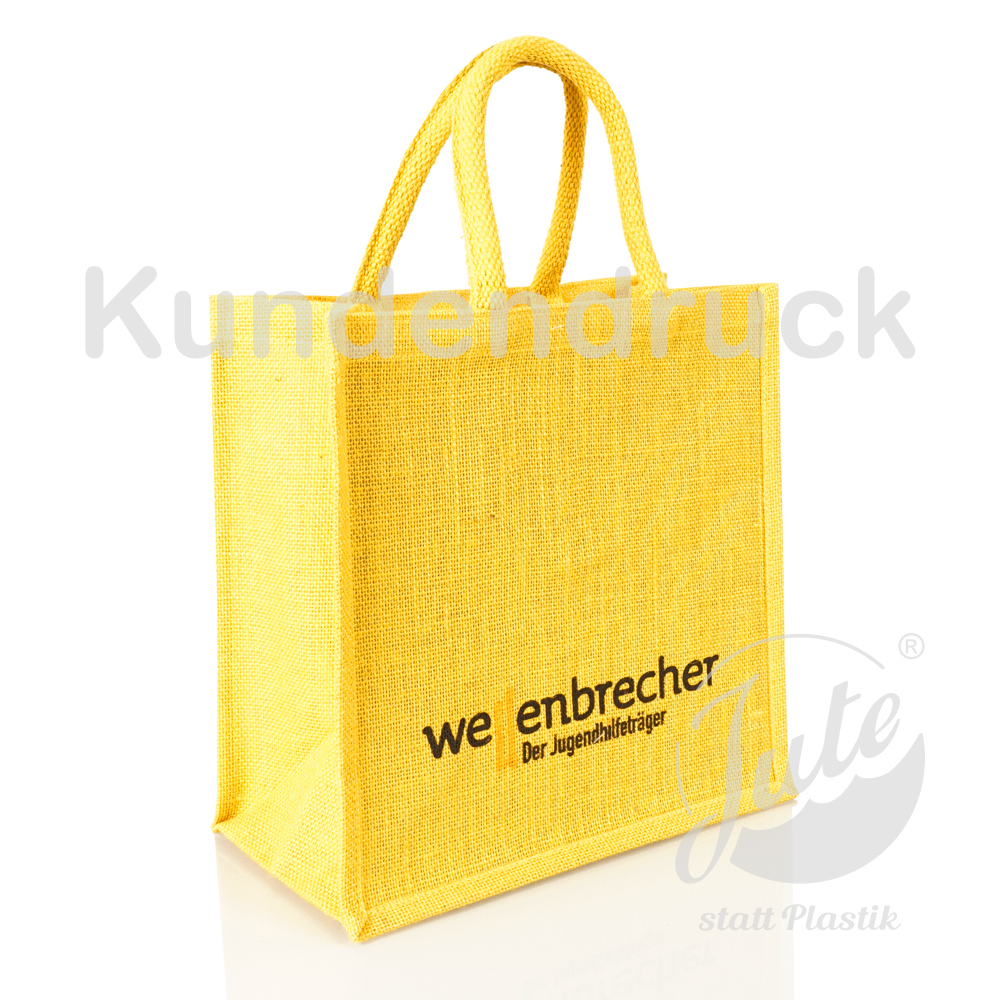 Kleine Jutetasche in Gelb zum Bedrucken mit weichen, runden Griffen